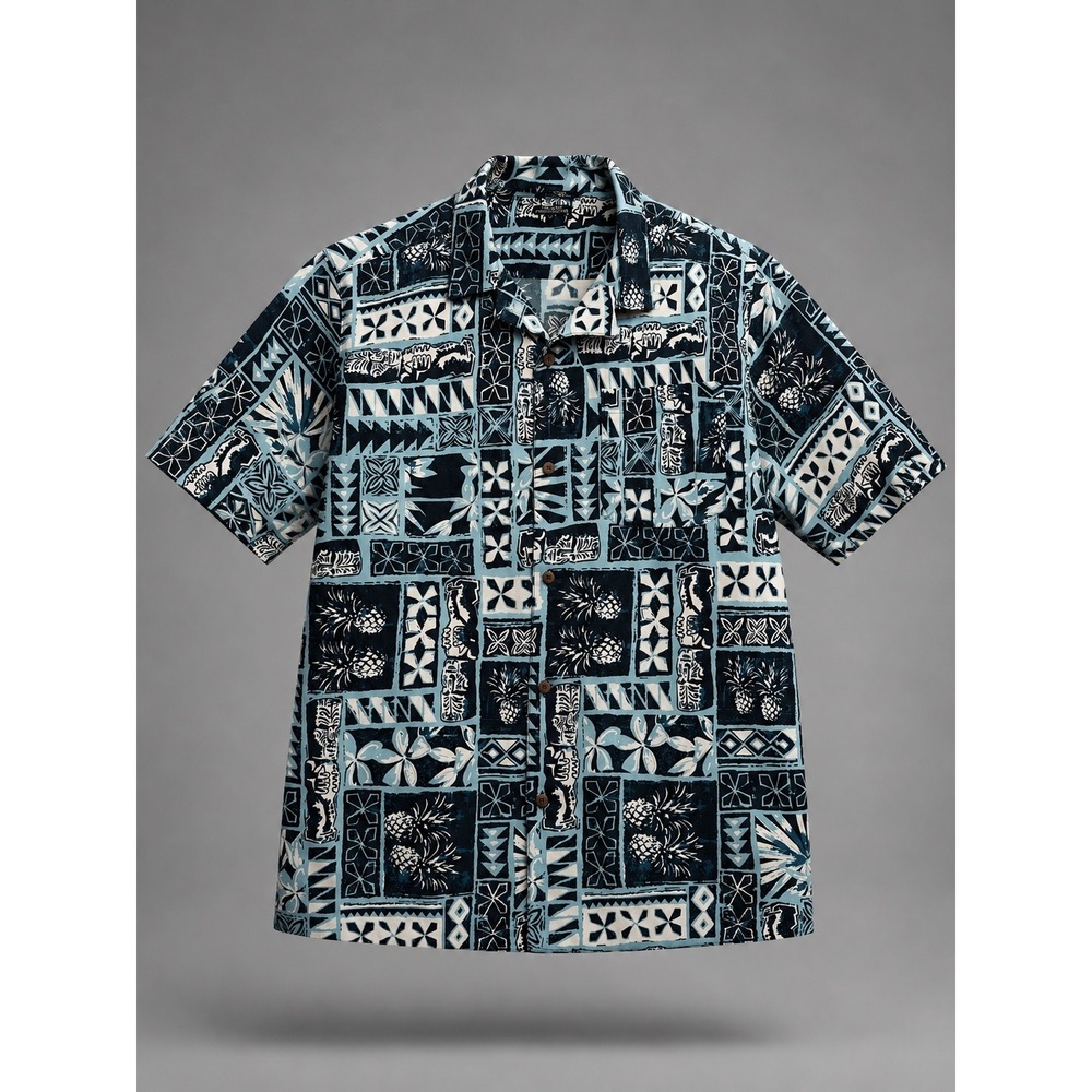 George Mens XL Relaxed Fit Tropical Tiki Pineapple Button Down Shirt Blue Navy